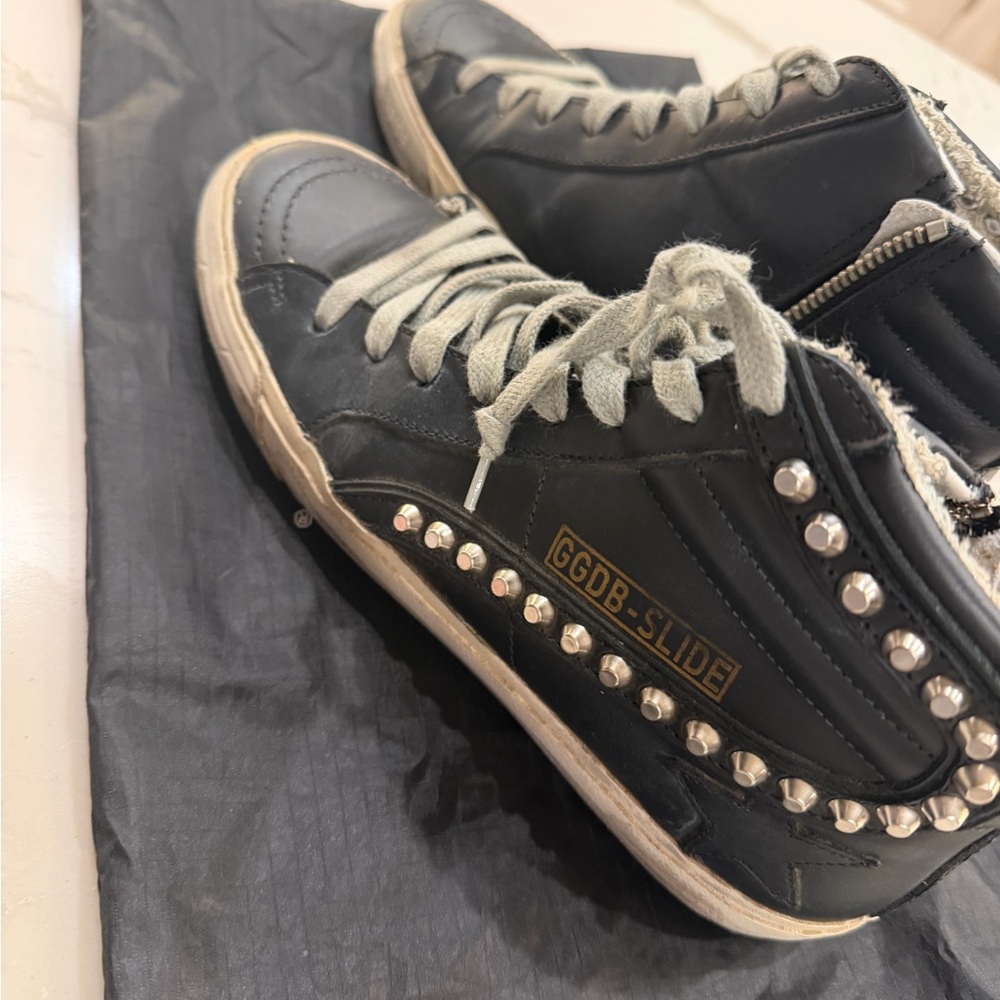 Golden Goose Black Leather Studded High-Top Sneakers with Gray Laces